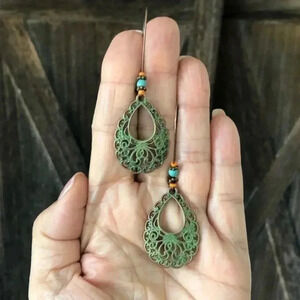 Patina Copper Filigree Beaded Earrings NWT